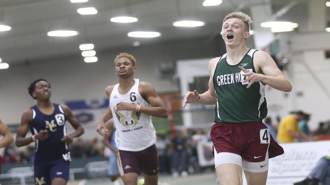Green Hope's William Hoffman crosses the finish line as he wins the Boys 500 Meter Dash championship. Coverage from the 4A NCHSAA State Indoor Championships held in Winston-Salem, N.C. on Saturday, February 11, 2017.