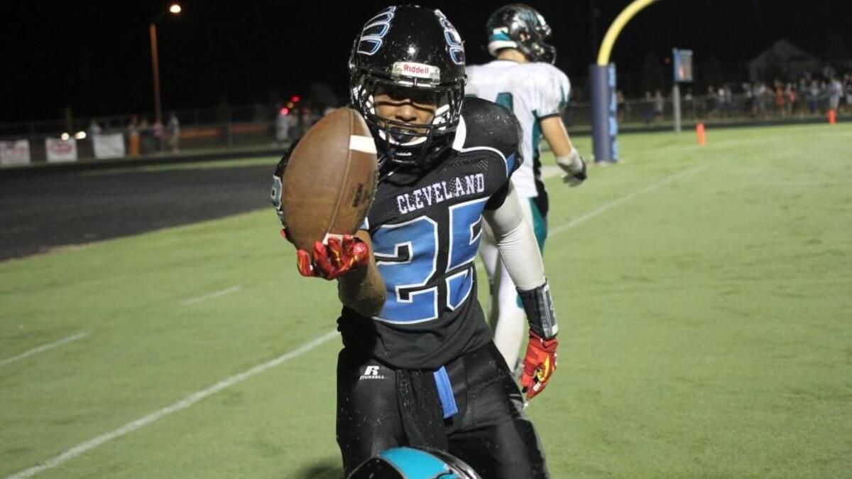 
Cleveland's Corey Brown shows off the ball after he scores late in a Rams’ win last year.
