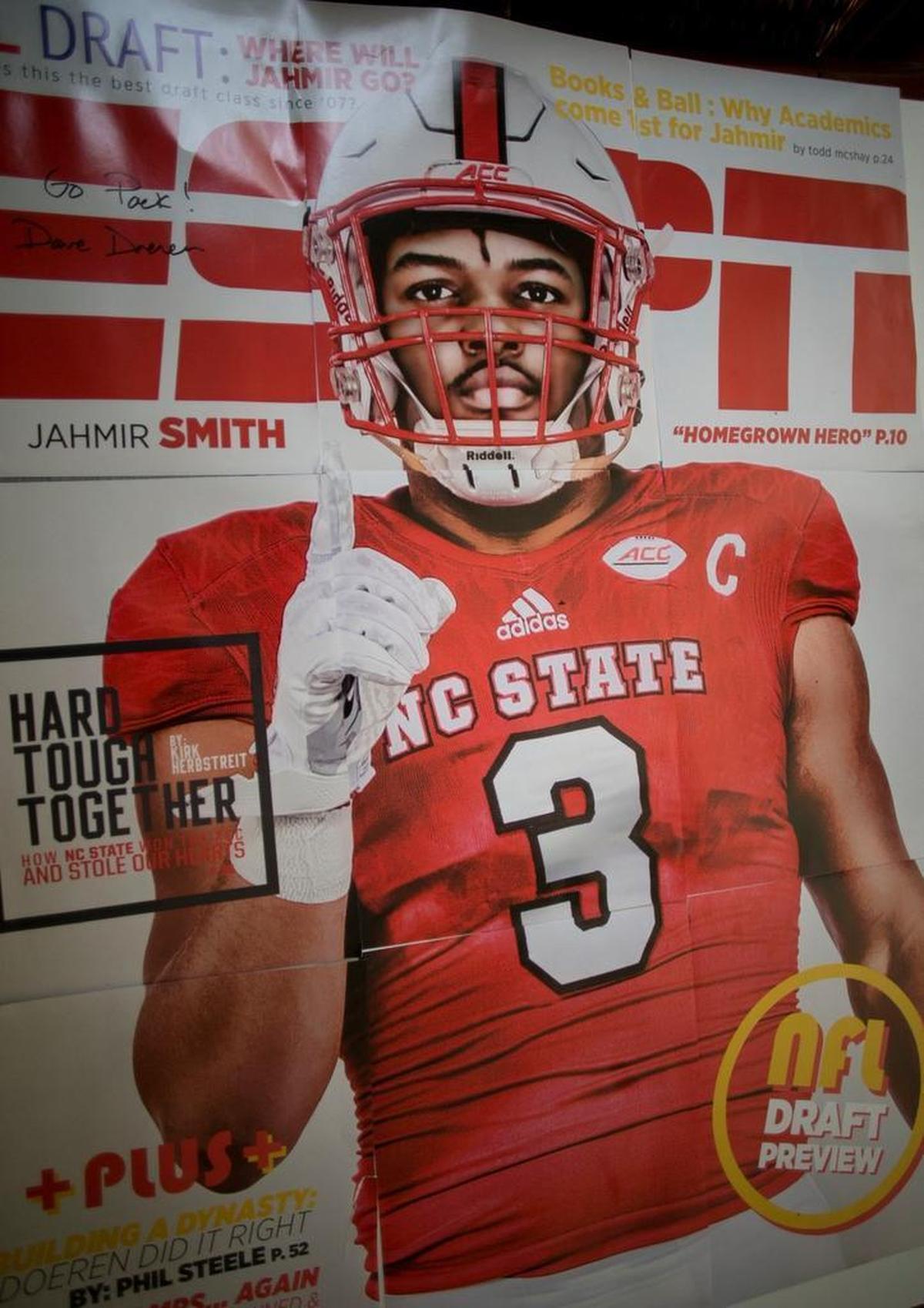 N.C. State, in an effort to recruit Jahmir Smith, published a mock magazine cover of Smith in a Wolfpack uniform, signed by coach Dave Doeren.