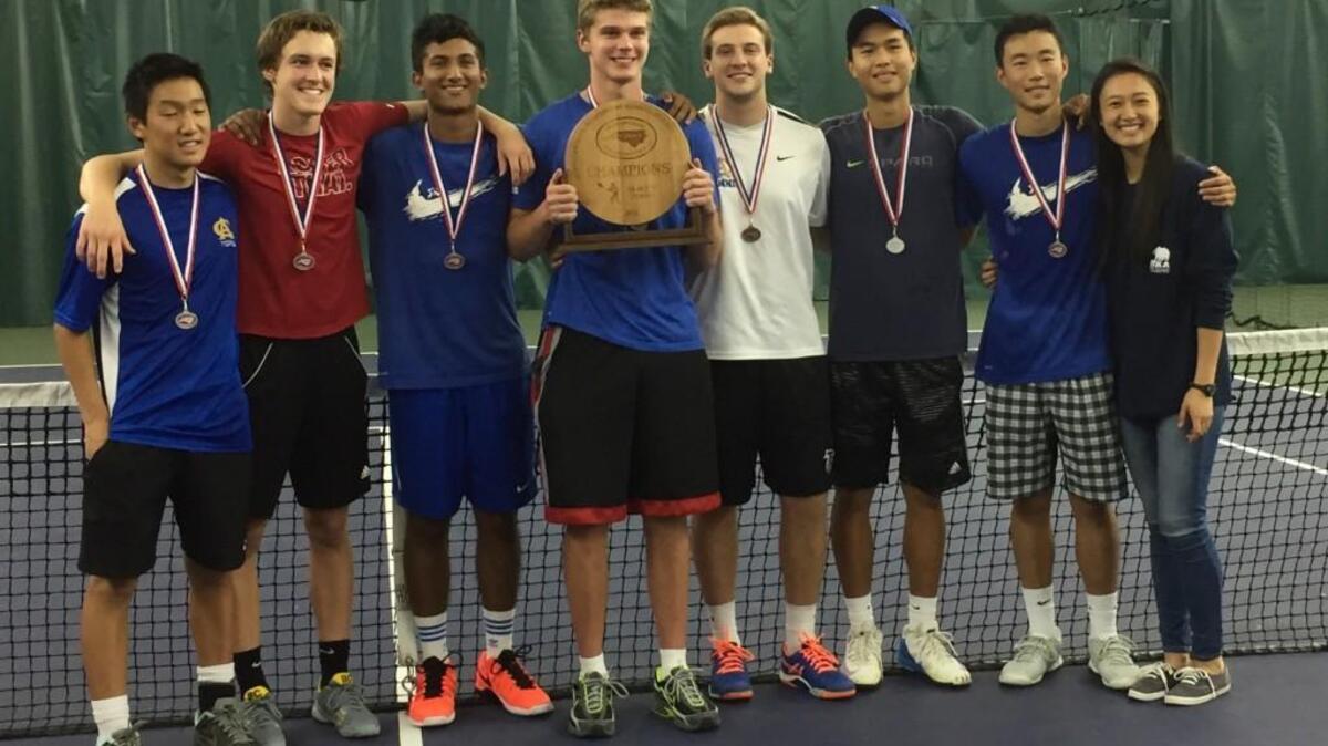 Cary Academy’s senior boys tennis players and manager. From left to right: Kevin Wu, Patrick Mulqueen, Shaan Buttar, Sean Simpson, Dre Ransdell, Alex Yang, Calvin Ma, Szuin Lim.