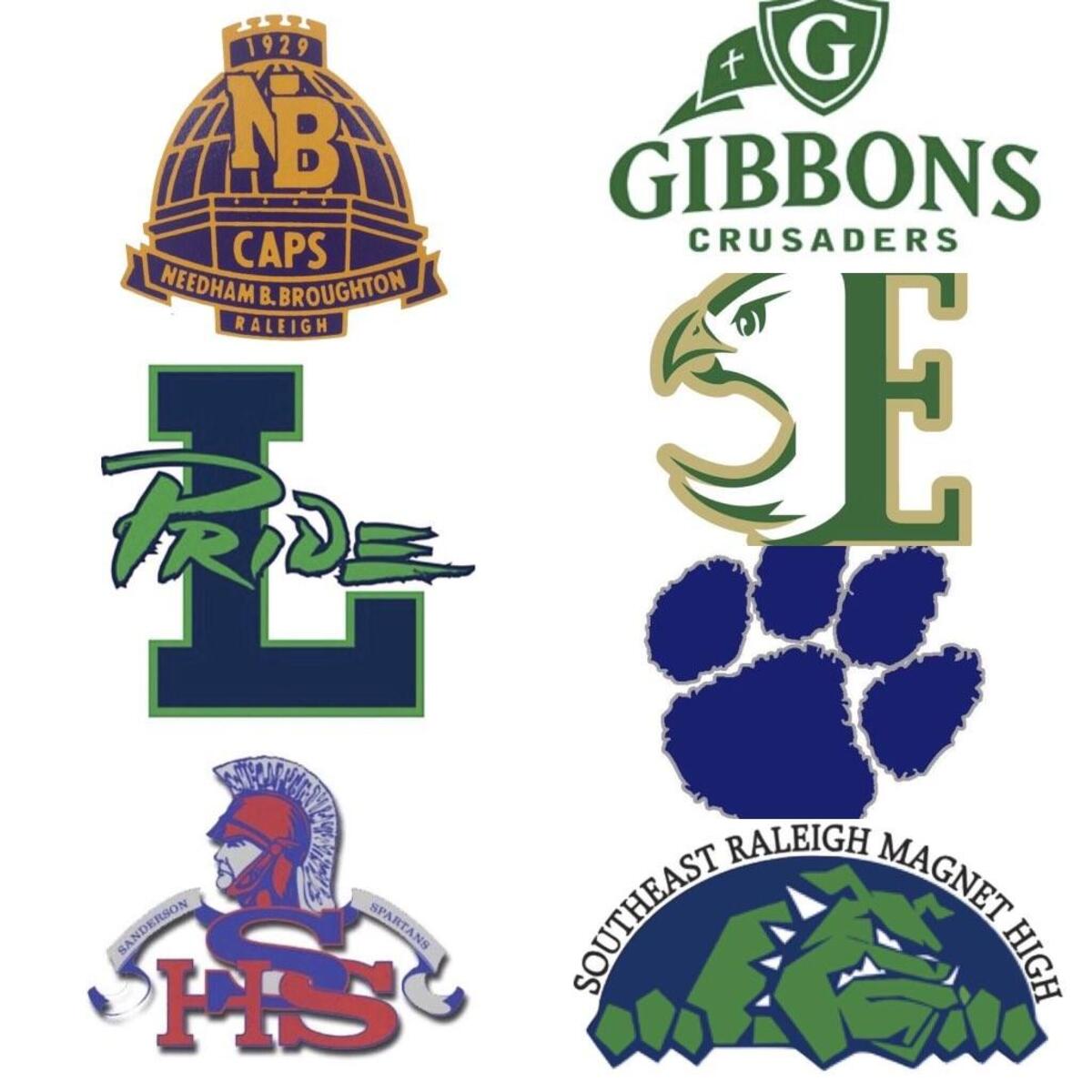 Cap-7 Conference: Broughton Capitals, Cardinal Gibbons Crusaders, Enloe Eagles, Leesville Road Pride, Millbrook Wildcats, Sanderson Spartans, Southeast Raleigh Bulldogs.