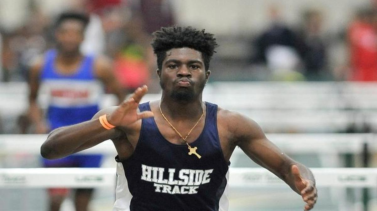 Hillside's Marcus Krah Completes a championship run in the boy's 55 meter hurdles with a time of 7.24, during The NCHSAA 4A Indoor Track and Field Championship. Saturday February 14, 2015, Winston Salem, N.C.