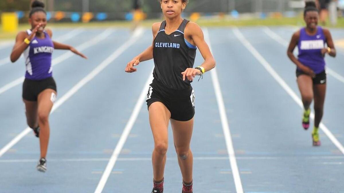 Cleveland's Sydni Fields crosses the finish line to win her heat of the 3A Girls 200 meter dash.The NCHSAA held its 1A and 3A boys and girls state track & field championships at North Carolina A&T State University in Greensboro N.C. on May 20, 2016.