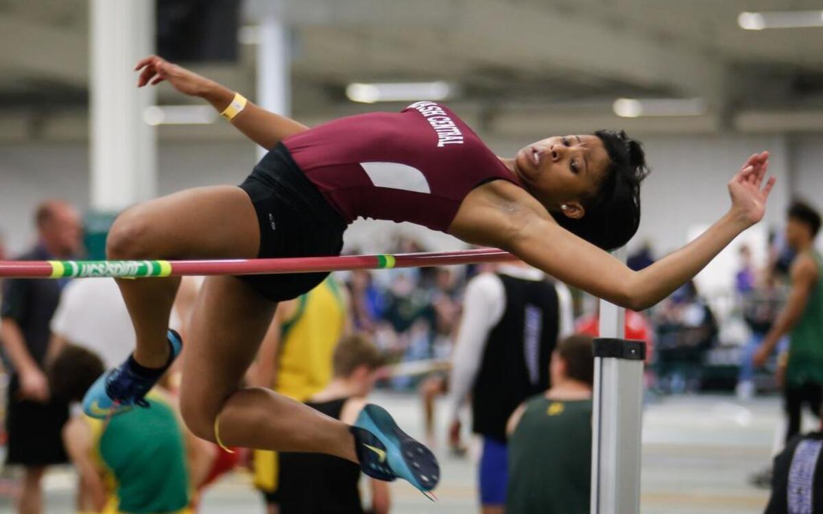 Nash Central's Myia Spivey clears the bar at 5-00 in the high jump, finishing in 5th place in the event, during the NCHSAA 3A indoor track state championship in Greensboro on Saturday, February 11, 2017.