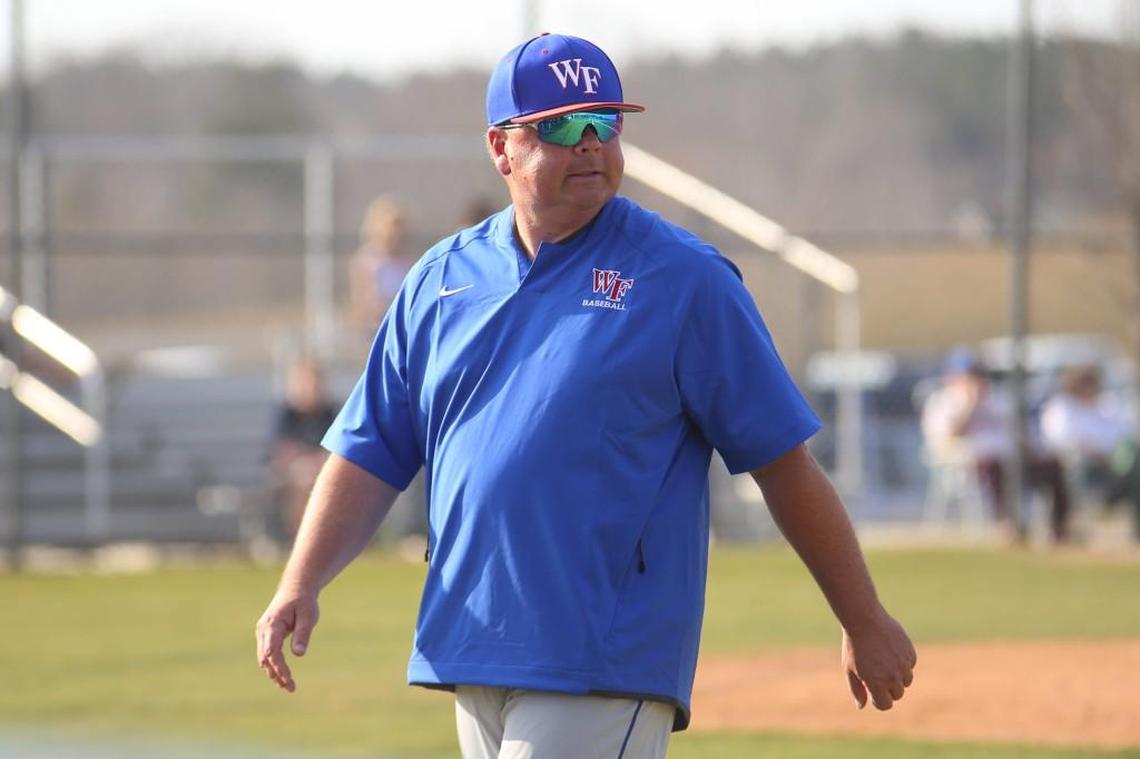 Wake Forest head coach Mike Joyner during Wake Forest's baseball game at Heritage on Tuesday, March 21, 2017. Heritage won the game 9-4.