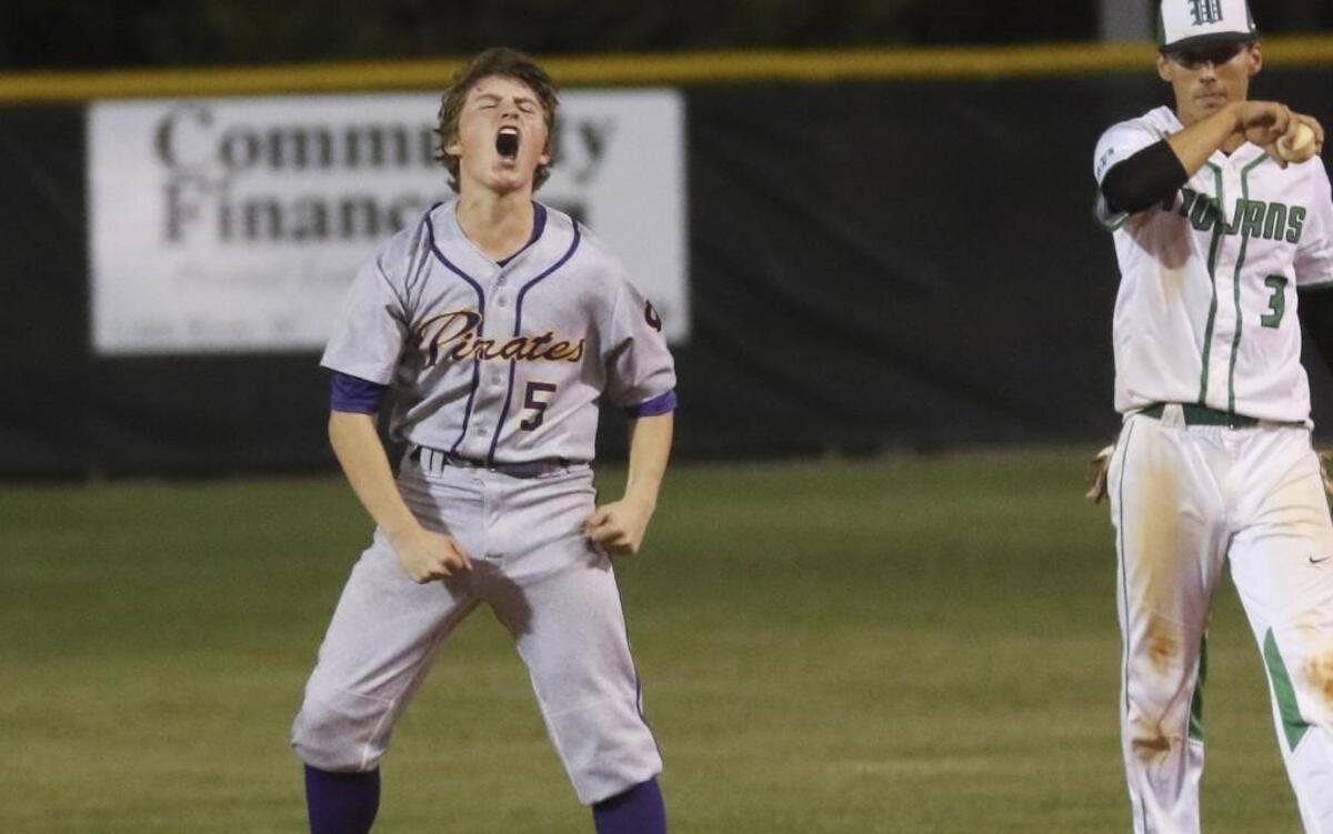 Corinth Holders’ Alec Seaton (5) reacts to his game tying double in the top of the 7th inning. Corinth Holders defeated West Brunswick in 8 innings to advance the 3A Eastern Finals.
