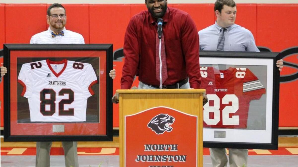 NFL free agent Willie Smith speaks to North Johnston High School students and faculty during a ceremony to retire his high school jersey on Wednesday, May 11, 2016. Smith played for the Raiders, Redskins and Chargers.