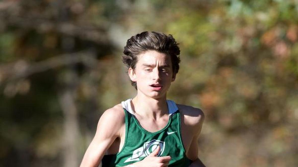 Cardinal Gibbons' Connor Lane takes the lead during the NCHSAA Class 4A Boys State Cross Country Championships that took place at Ivey Redmon Sports Complex on November 5, 2016 in Kernersville, North Carolina.