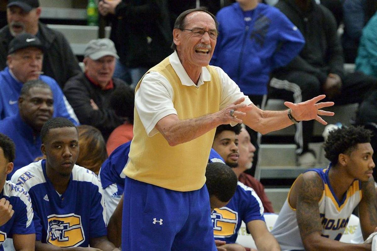 Garner head coach Eddie Gray reacts to action on the court. The South Central Falcons took on the Garner Trojans in the fourth round of the NCHSAA4A boys basketball play offs in Garner, N.C. on February 27, 2018. South Central edges Garner 69-67.