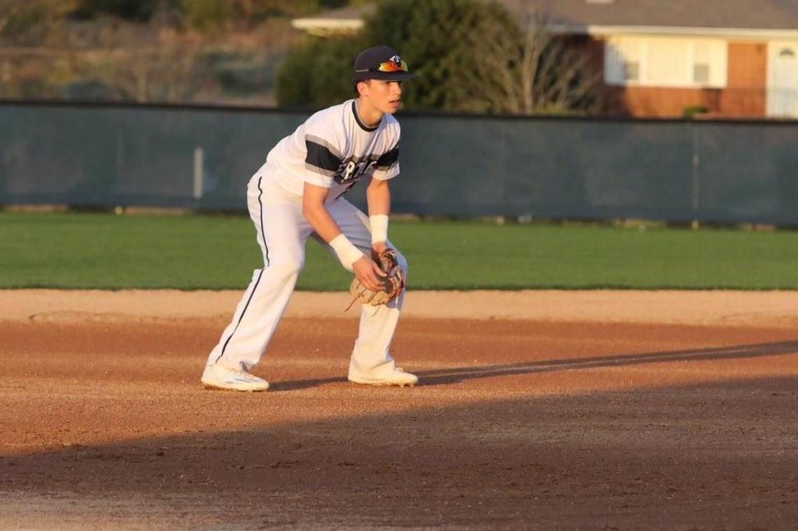 Heritage's Thayer Thomas gets ready in the field in a home Huskies baseball game.