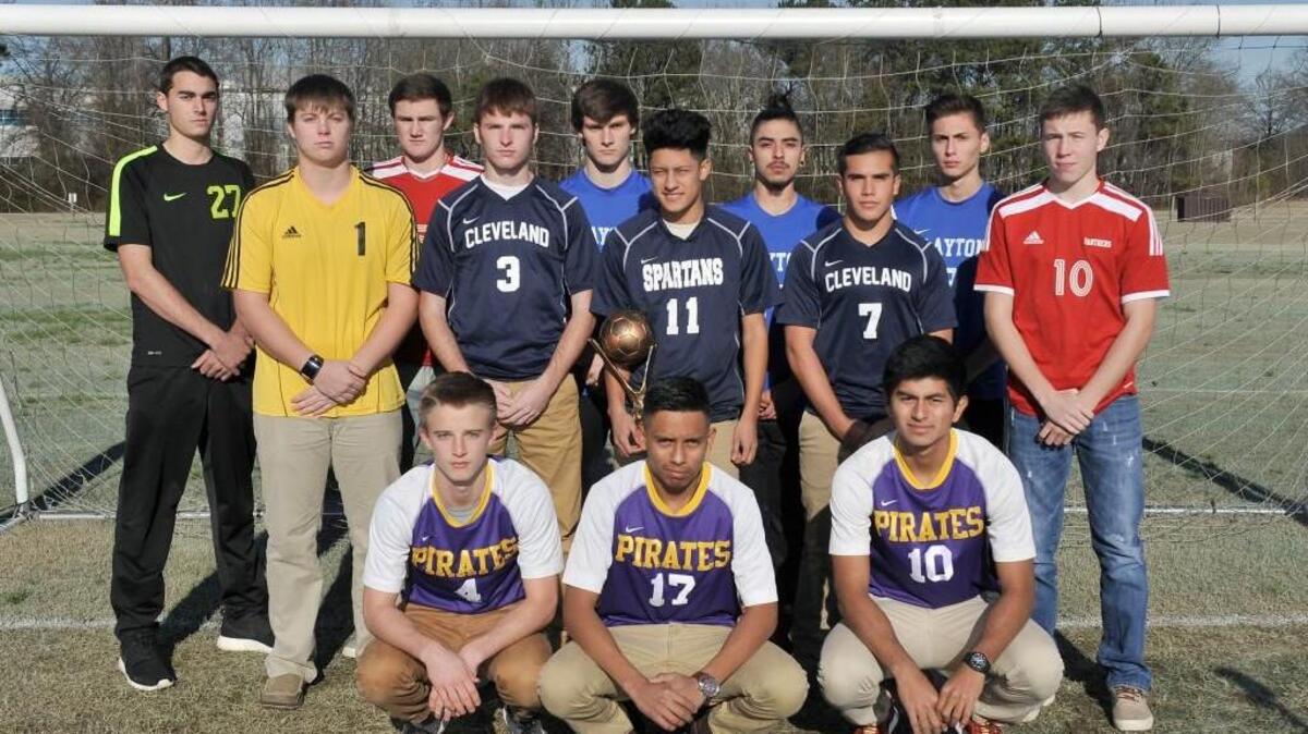 Members of the 2015-16 Johnston United Soccer Association high school boys all-Johnston County team are (front row, from left) Corinth Holders’ Derek Kaple (4), Alan Landeros (17) and Pedro Segundo (10), (middle row) Cleveland’s Ethan Fellows, Cleveland’s Lawson Lamm, Smithfield-Selma’s Nilton Perez, Cleveland’s Josue Perez and North Johnston’s Ian Watson, (back row) Clayton’s JT Palazzolo, North Johnston’s Tyler Jackson, Clayton’s Sean Kimble, Brandon Sainz and Juan Alvarodo.