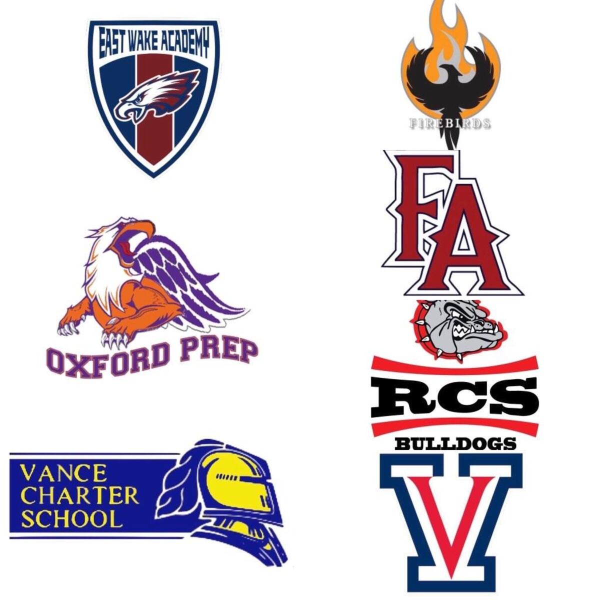 North Central Athletic Conference: East Wake Academy Eagles, Falls Lake Academy Firebirds, Franklin Academy Patriots, Oxford Prep Griffins, Roxboro Community Bulldogs, Vance Charter Knights, Voyager Academy Vikings.