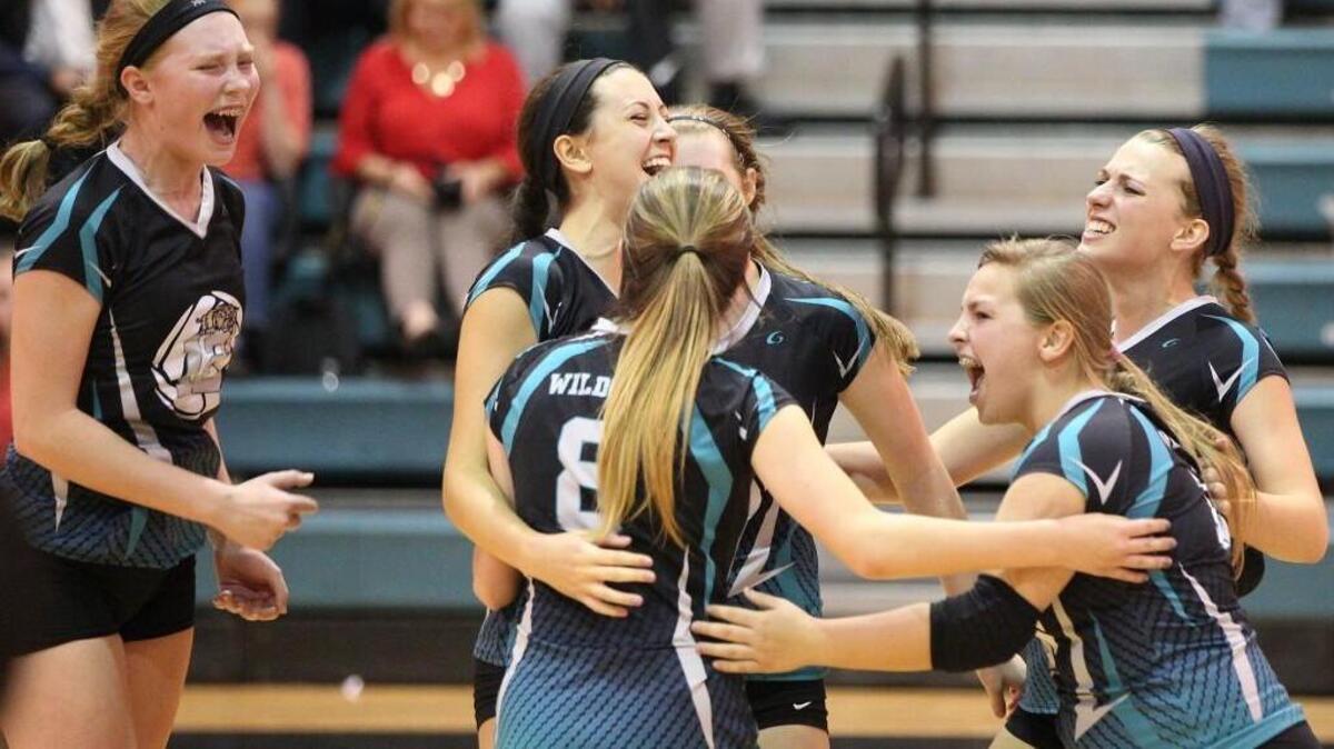 West Johnston's team celebrates winning the conference crown during the GNRC 4A volleyball tournament finals against Harnett Central Tuesday, October 20, 2015, in Benson.