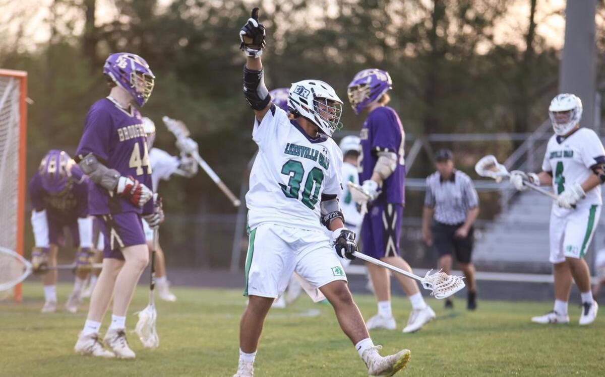 Leesville Road's Isaac Thomas (30) celebrates after an early score during Broughton's boys lacrosse game at Leesville Road on Thursday, March 30, 2017. Broughton won the game 15-7.