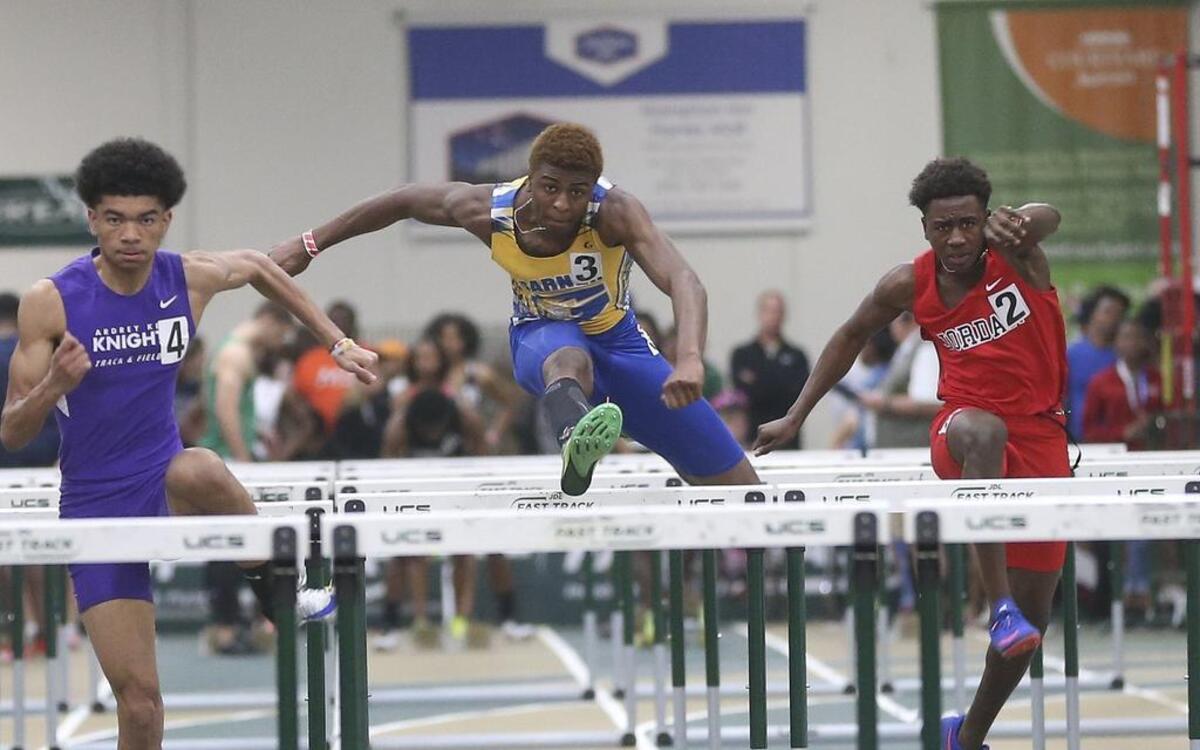 Garner's Ralph Vieux competes in the Boys 55 Meter Hurdles prelims. Coverage from the 4A NCHSAA State Indoor Championships held in Winston-Salem, N.C. on Saturday, February 11, 2017.