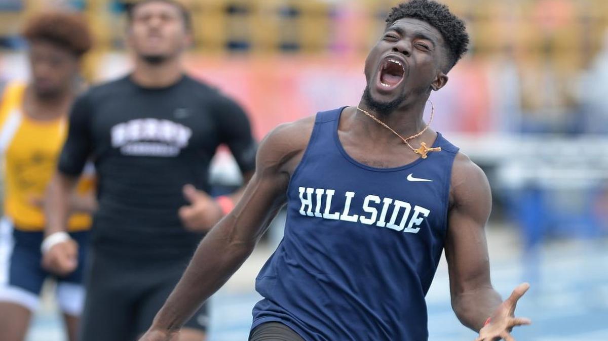 Marcus Krah of Hillside celebrates after winning the Boys 110 Meter Hurdles 4A during the NCHSAA 4A Track and Field Championships that took place at the North Carolina A&T State University in Greensboro, N.C. on Saturday, May 21, 2016.