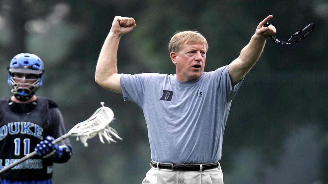 
Duke University's new lacrosse coach John Danowski takes charge of his first practice, next to Fred Krom, near Koskinen Stadium on the Duke Campus on Monday, Sept. 4, 2006. 
