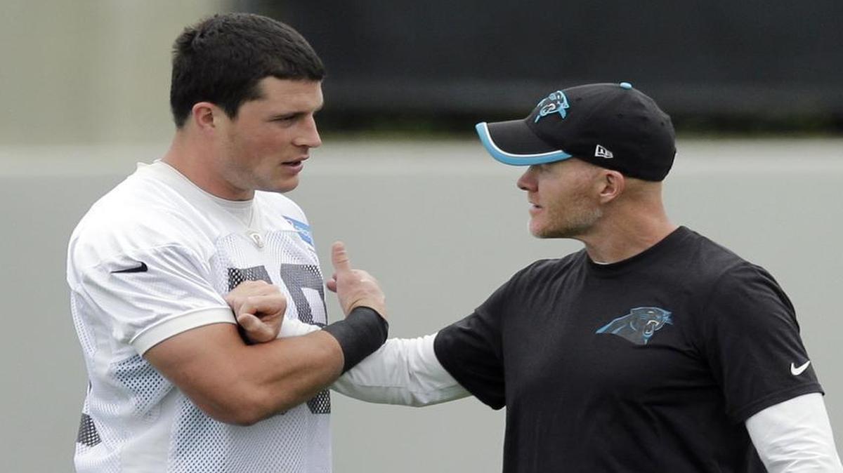 
Carolina Panthers defensive coordinator Sean McDermott (right) can build his defense, which has been among the NFL’s top 10 each of the past two season, around middle linebacker Luke Kuechly (59).
