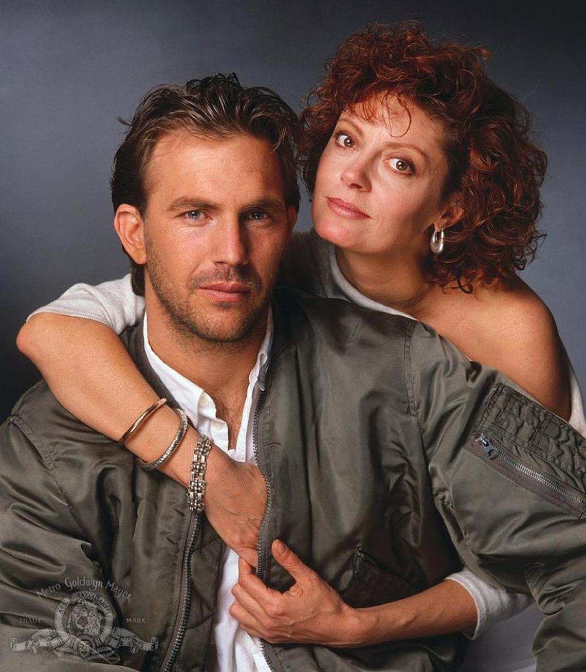 Actors Kevin Costner and Susan Sarandon in a "Bull Durham" publicity photo from 1988.
