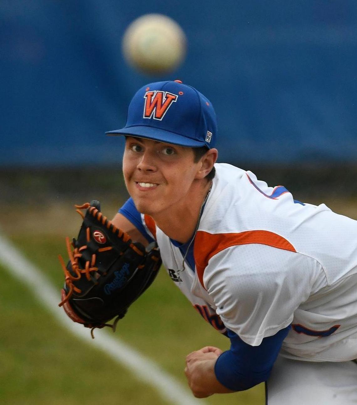 Whiteville's MacKenzie Gore, who has a 95 mph fastball, warms up in the bullpen before his last home game in Whiteville, N.C., Saturday, May 13, 2017.