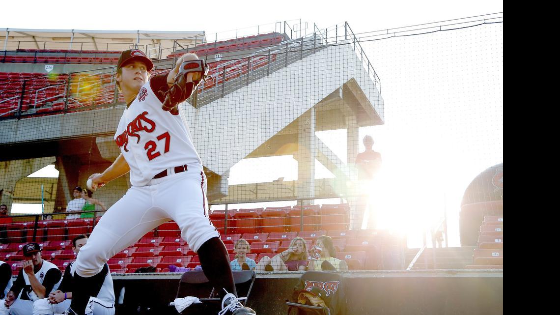 
Carolina Mudcats pitcher Lucas Sims warms up before he pitches against the Frederick Keys at Five County Stadium in Zebulon on May 4, 2015. Sims was the Braves' first-round pick in 2012.
