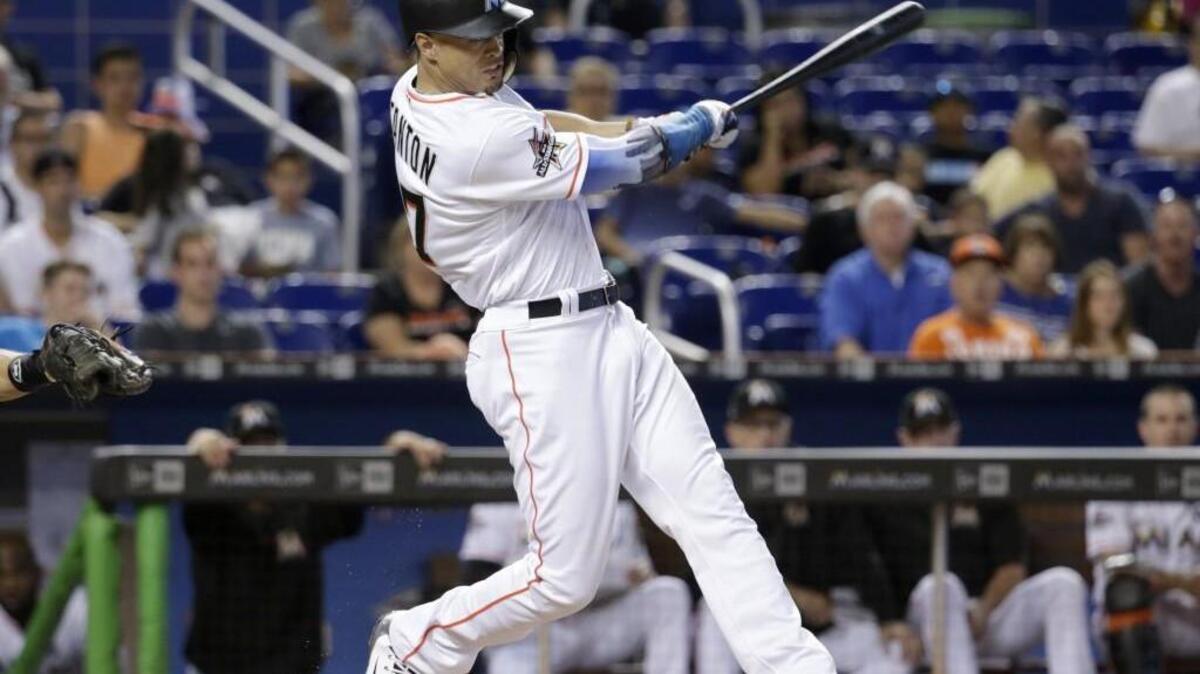 Miami Marlins’ Giancarlo Stanton leads the National League with 44 home runs entering Saturday’s games.