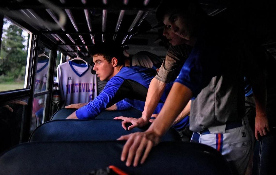 Whiteville's MacKenzie Gore looks out the window of the team bus as they get ready to head home after defeating the Riverside Knights 5-0 in Williamston, N.C. Wednesday, May 16, 2017. The Wolfpack had a three hour ride home after winning the third tound of the NCHSAA 1A baseball championship.