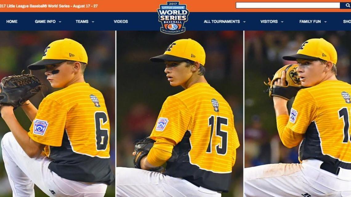 A screenshot of a Little League Baseball World Series news release showing Greenville, N.C. pitchers (from left) Chase Anderson, Matthew Matthijs and Carson Hardee.