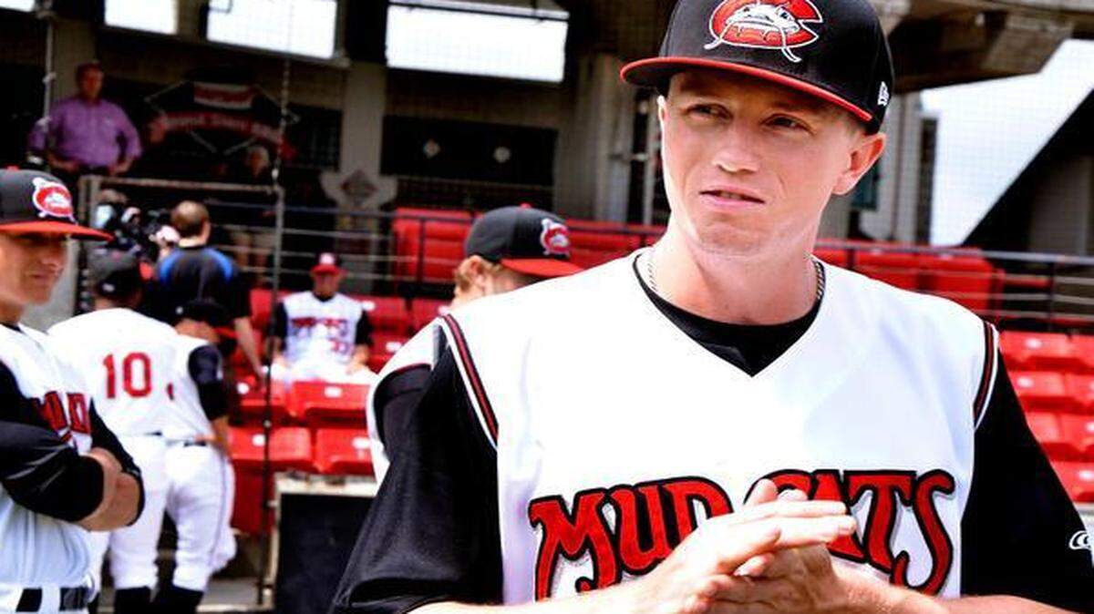 
Carolina Mudcats outfielder Sean Godfrey (7) talks about what he likes about Five County Stadium during media day for the minor league team in Zebulon, N.C. on Tuesday, April 7, 2015.
