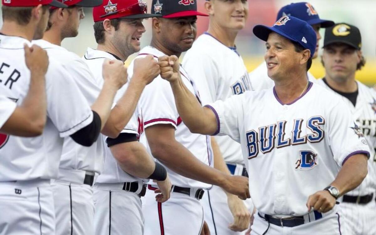 International League coach Charlie Montoyo of the Durham Bulls is introduced prior to the start of the 2014 Triple-A All Star Game on Wednesday July, 16, 2014 at the Durham Bulls Athletic Park in Durham, N.C.