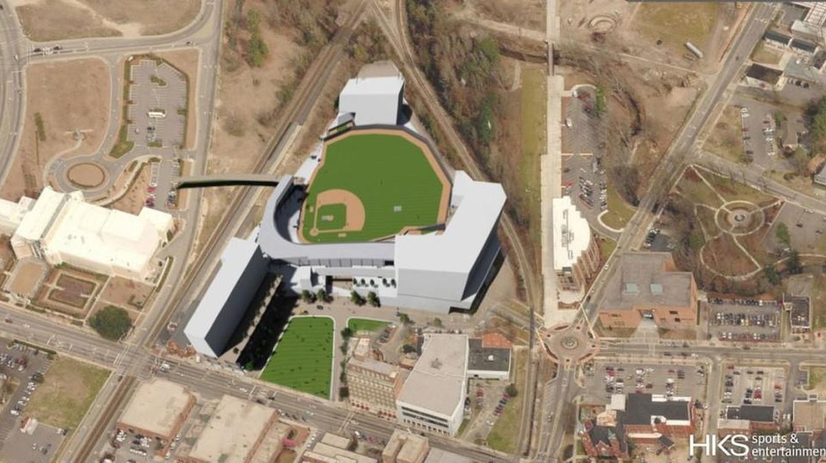 A preliminary rendering for the baseball stadium in downtown Fayetteville, part of a major redevelopment that includes a renovated Prince Charles Hotel.