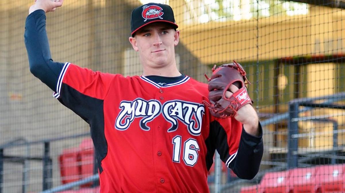 Carolina Mudcats pitcher Evan Phillips throws practice on media day at Five County Stadium in Zebulon, N.C. Tuesday, April 5, 2016.