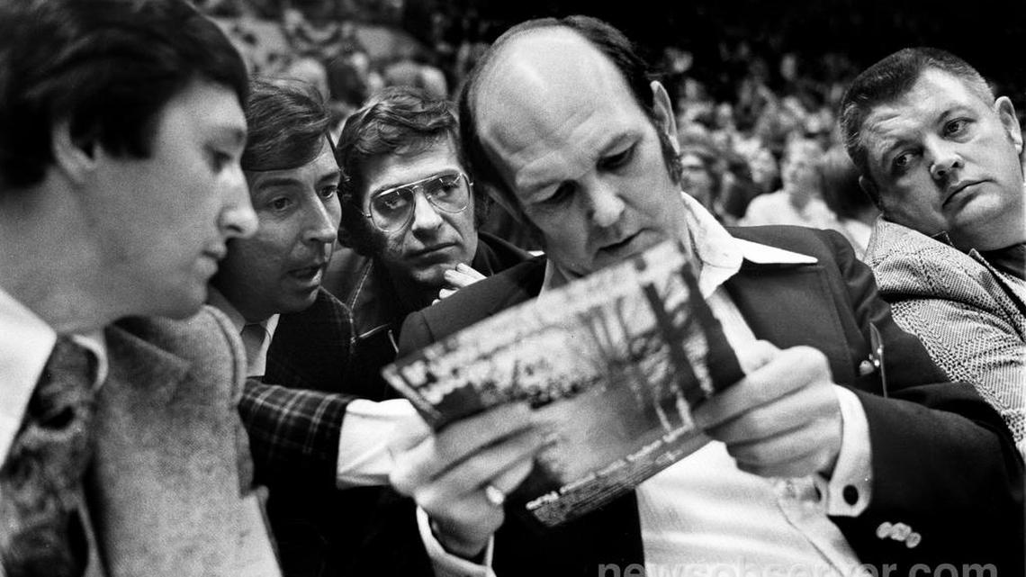 Maryland coach Lefty Driesell views stats following a game in the 1975 ACC Tournament in Greensboro.