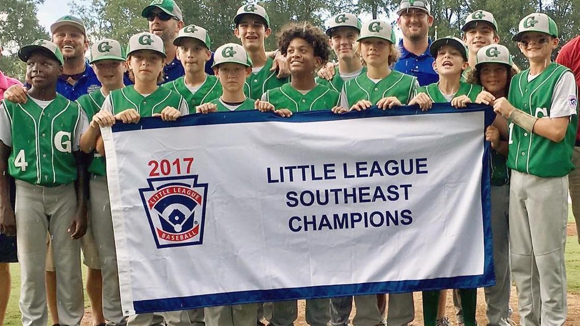 The Greenville North State All Stars pose for a photo after winning the Little League Baseball Southeast Regional Wednesday, Aug. 9, 2017. Pictured are (front row, from left) Cash Daniels-Moye, Joesph Bryne, Jacob Caulder, Bryce Jackson, Cameron Greenway, Drew Fields, Ashton Byars and Chase Anderson; and (back row, from left) coach Mike Vaughn, Luke Lambert, manager Brian Fields, Will Casey, Matthew Matthijs, Carson Hardee, coach Jake Allen and Thomas Barrett.