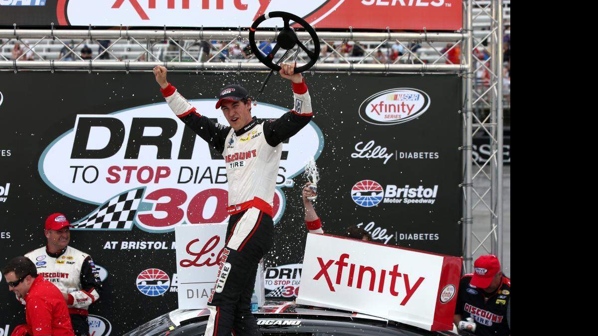 
Joey Logano celebrates in victory lane after winning the NASCAR XFINITY Series Drive To Stop Diabetes 300 at Bristol Motor Speedway on April 18, 2015 in Bristol, Tenn. 

