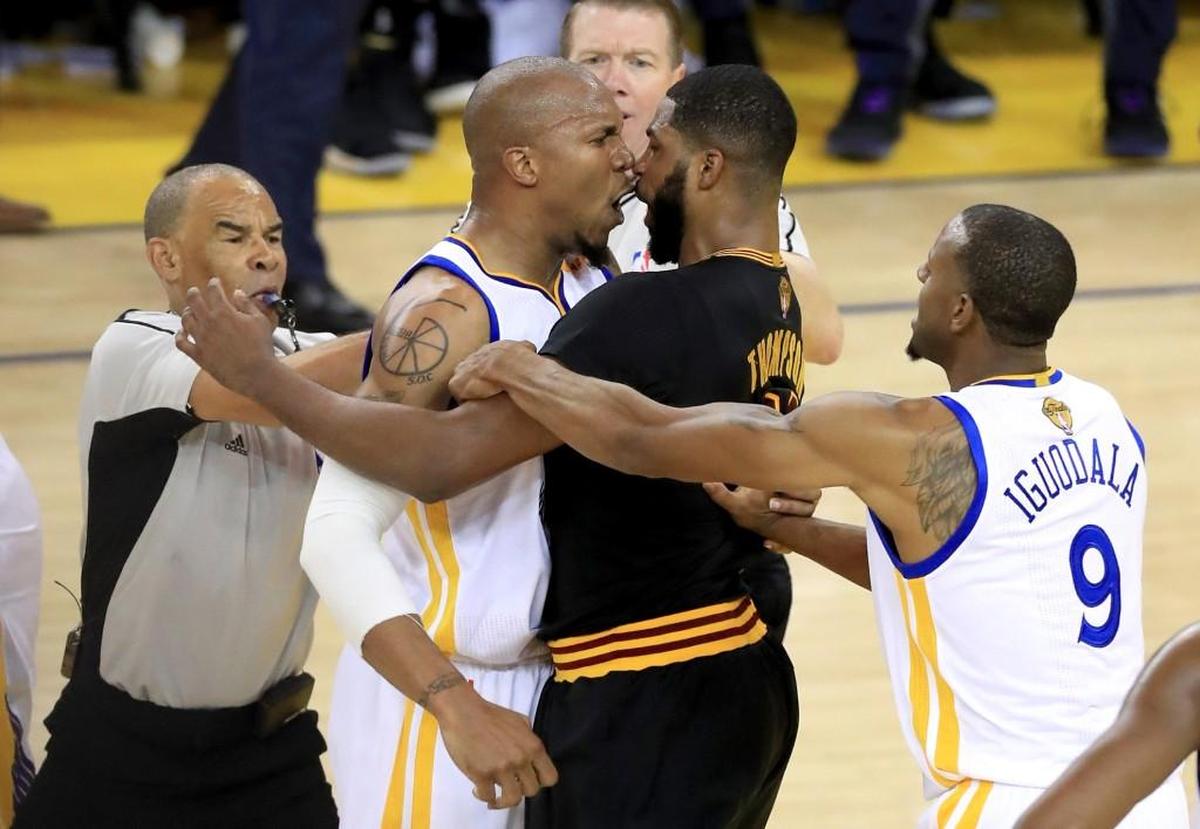 David West of the Golden State Warriors and Tristan Thompson of the Cleveland Cavaliers get into an altercation after a play in Game 5 of the 2017 NBA Finals at ORACLE Arena on June 12, 2017 in Oakland, California.