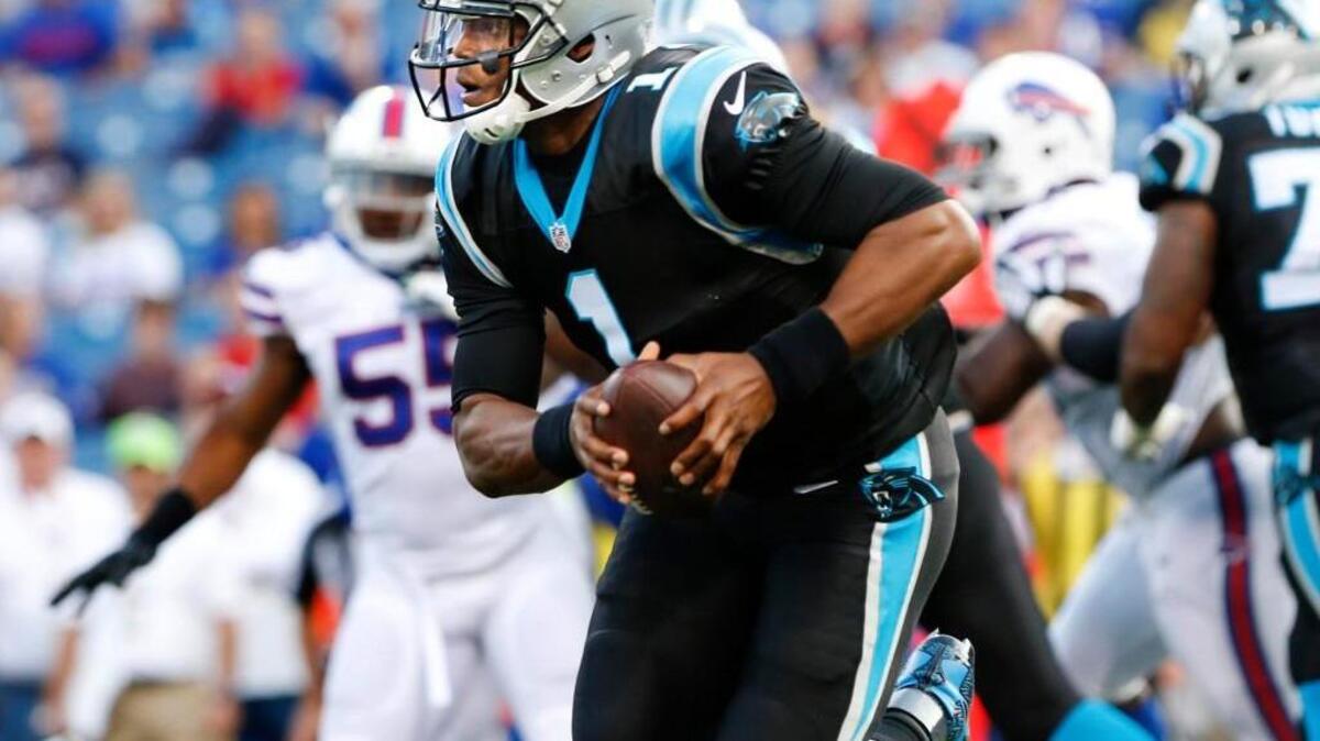 
Carolina Panthers quarterback Cam Newton (1) looks to pass against the Buffalo Bills during the first half of an NFL preseason football game on Friday, Aug. 14, 2015, in Orchard Park, N.Y. (AP Photo/Heather Ainsworth)

