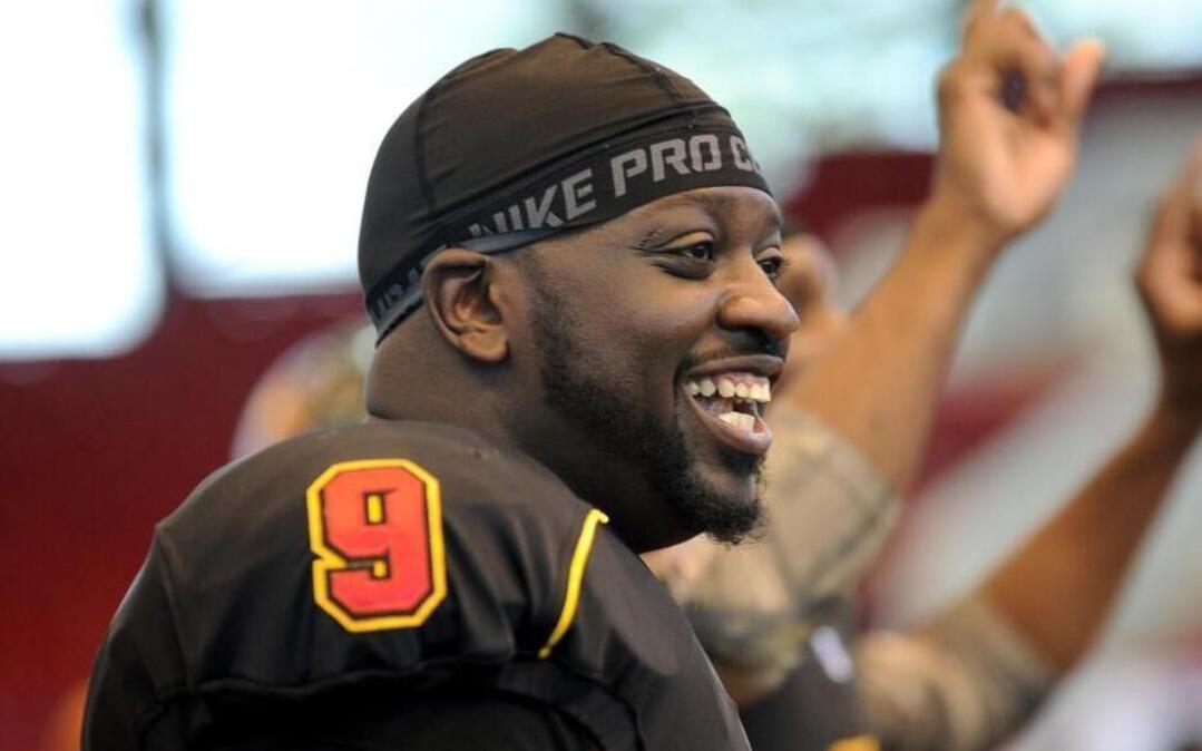 Triangle Torch’s Brandon Sutton enjoys the pre-game festivities at the indoor football game against the Central Penn Capitals, which took place in Raleigh on Sunday, April 24, 2016. Triangle Torch won 47-41. Sutton overcame a severe concussion to play arena football again.