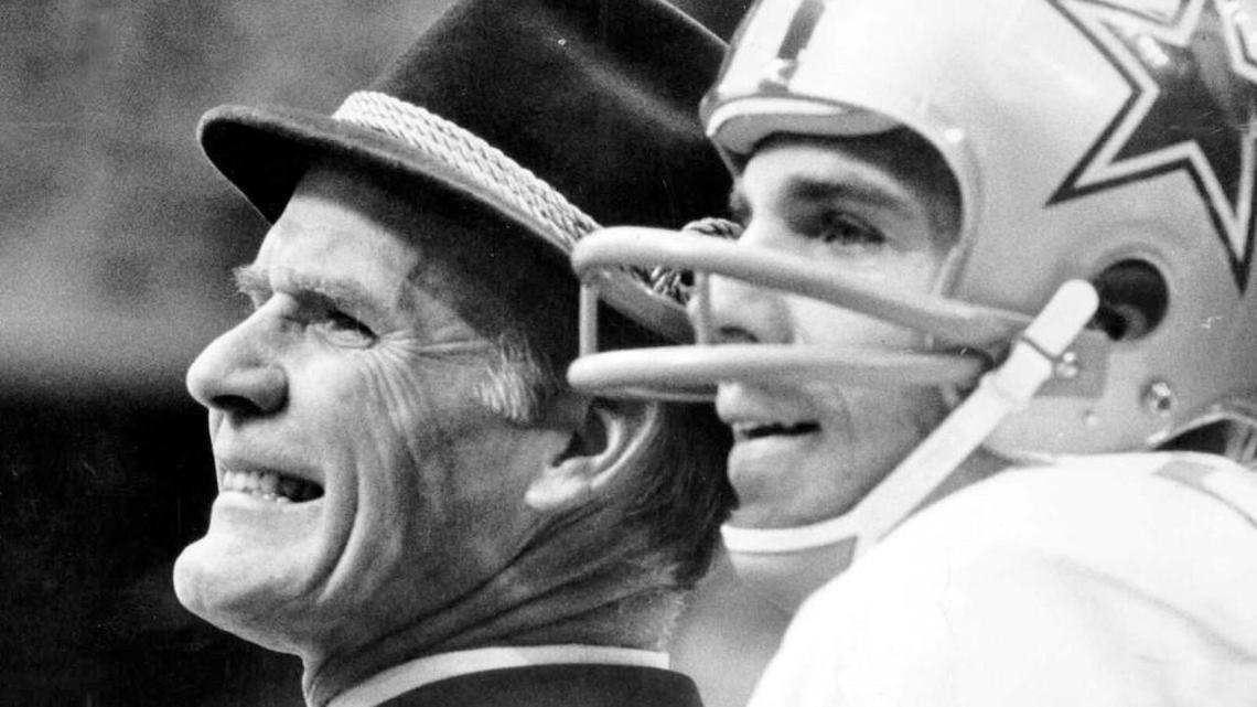 Dallas Cowboys coach Tom Landry and quarterback Roger Staubach on the sideline during a 1978 game against the Minnesota Vikings. Landry was a clue in a football category on Jeopardy.