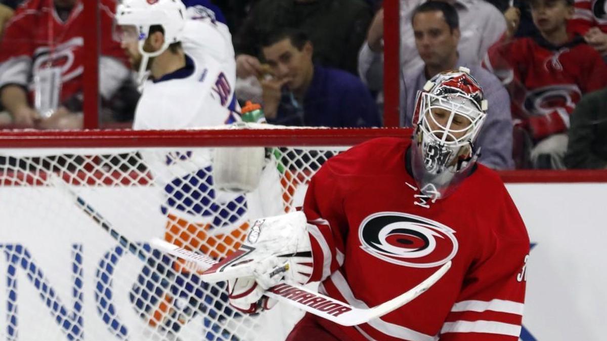 Carolina Hurricanes goalie Eddie Lack reacts during a game against the New York Islanders at PNC Arena in Raleigh, N.C. on April 6, 2017. Lack is available to the Golden Knights in the draft.