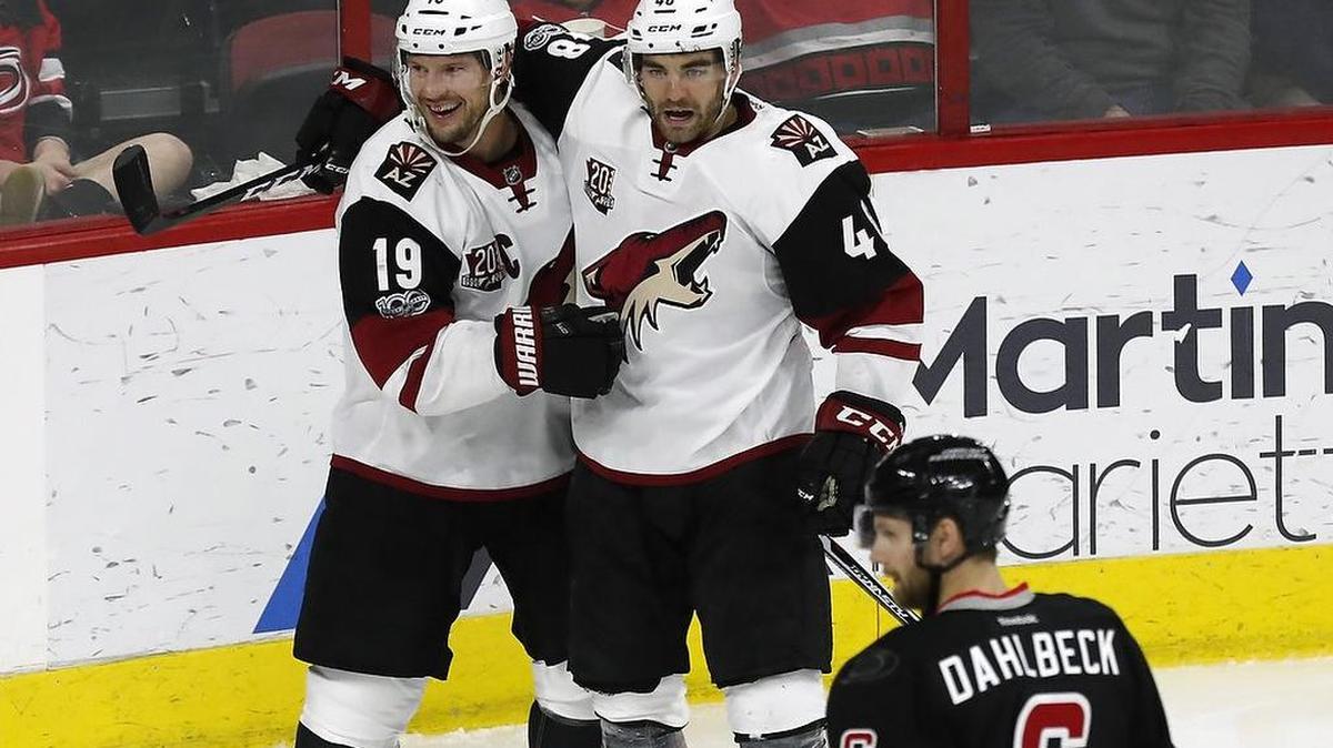 The Arizona Coyotes' Jordan Martinook (48) celebrates a goal against the Canes in 2017 with Shane Doan (19). The Canes' Klas Dahlbeck (6) skates away.  The Canes announced Thursday they had acquired Martinook in a trade.