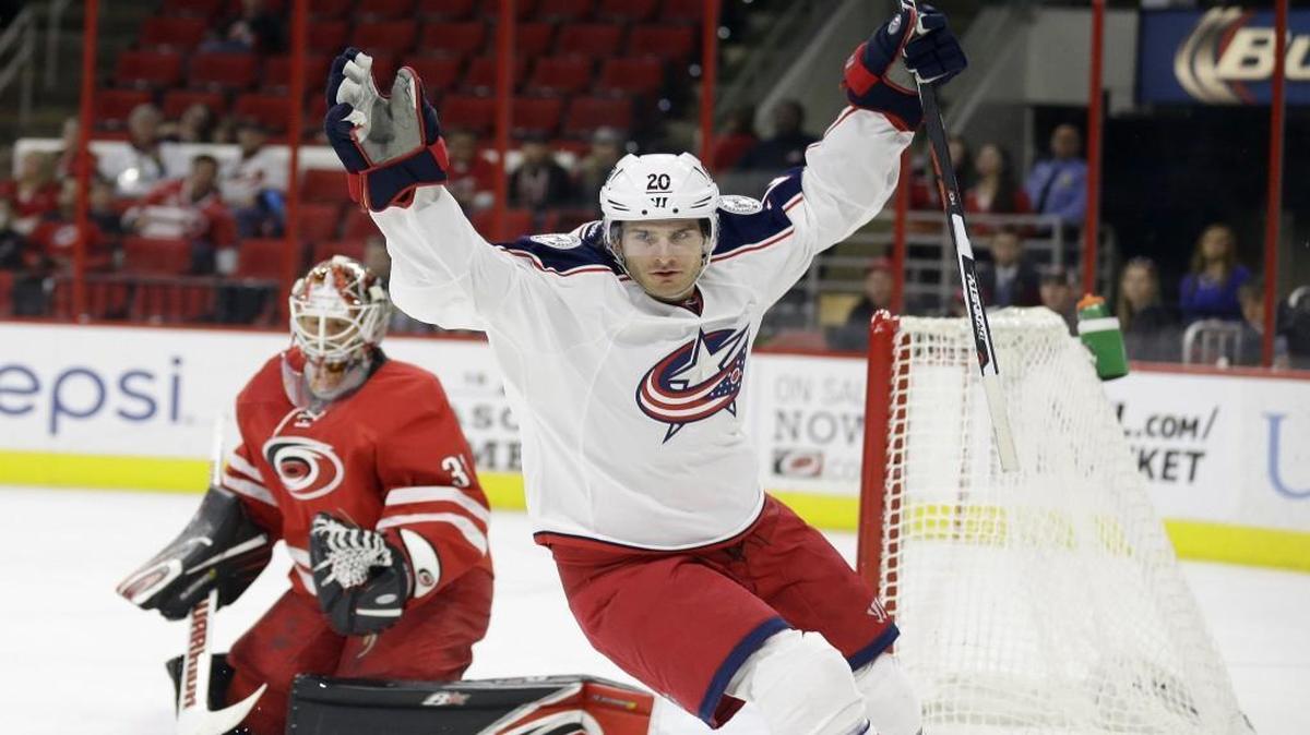 Columbus Blue Jackets' Brandon Saad (20) reacts following his goal against Carolina Hurricanes goalie Eddie Lack during the first period.