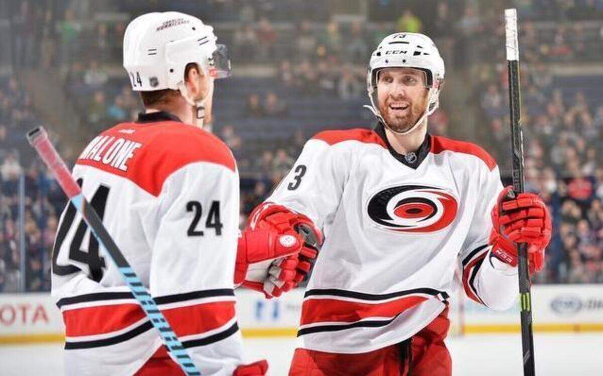
Brad Malone (24) of the Carolina Hurricanes celebrates his second-period goal with teammate Brett Bellemore during a game against the Columbus Blue Jackets on March 15, 2015 at Nationwide Arena in Columbus, Ohio.
