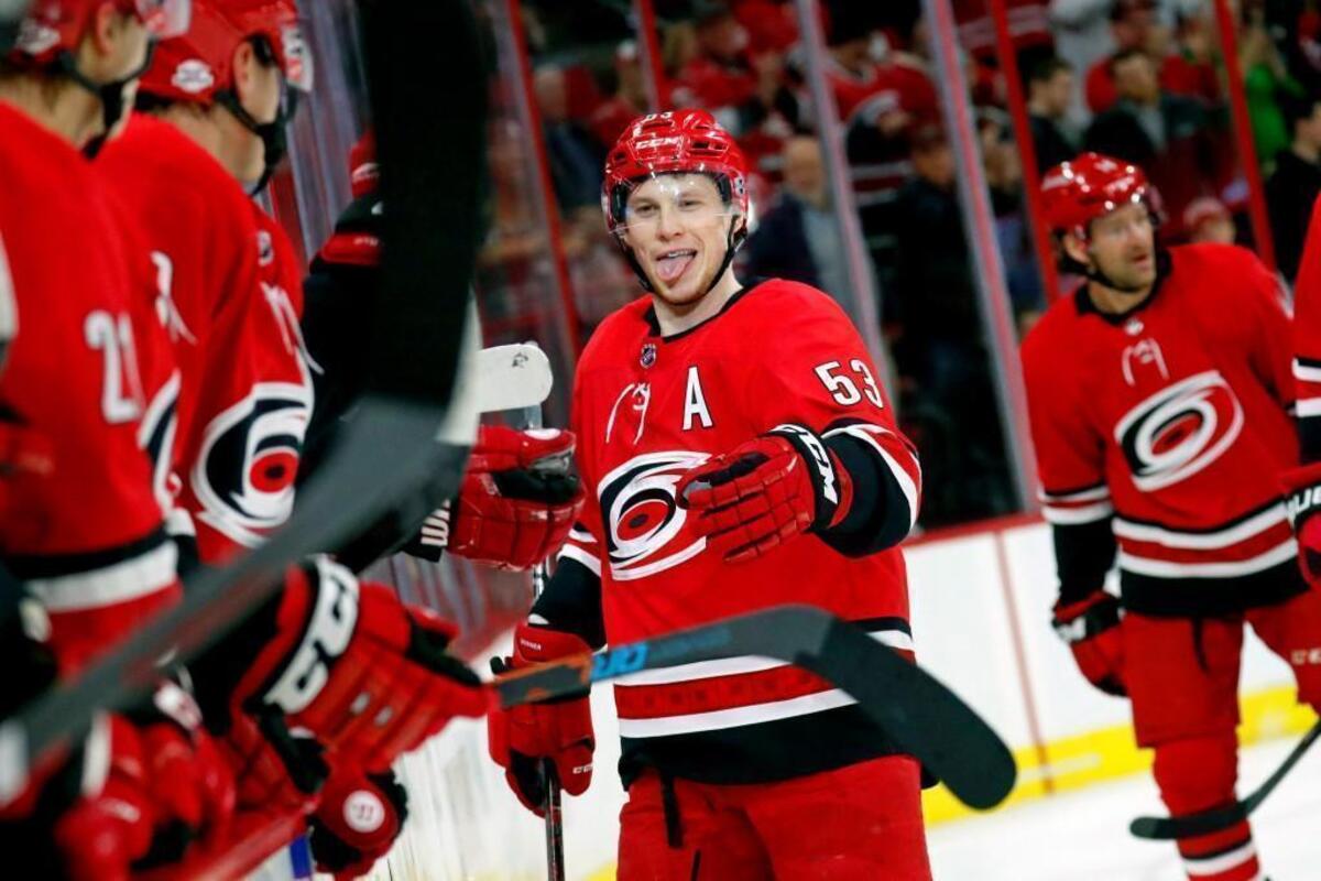 The Canes’ Jeff Skinner (53) celebrates his goal as he comes back to the bench during the second period of an NHL game played between the Carolina Hurricanes and the L.A. Kings at PNC Arena in Raleigh on Tuesday, Feb. 13, 2018.