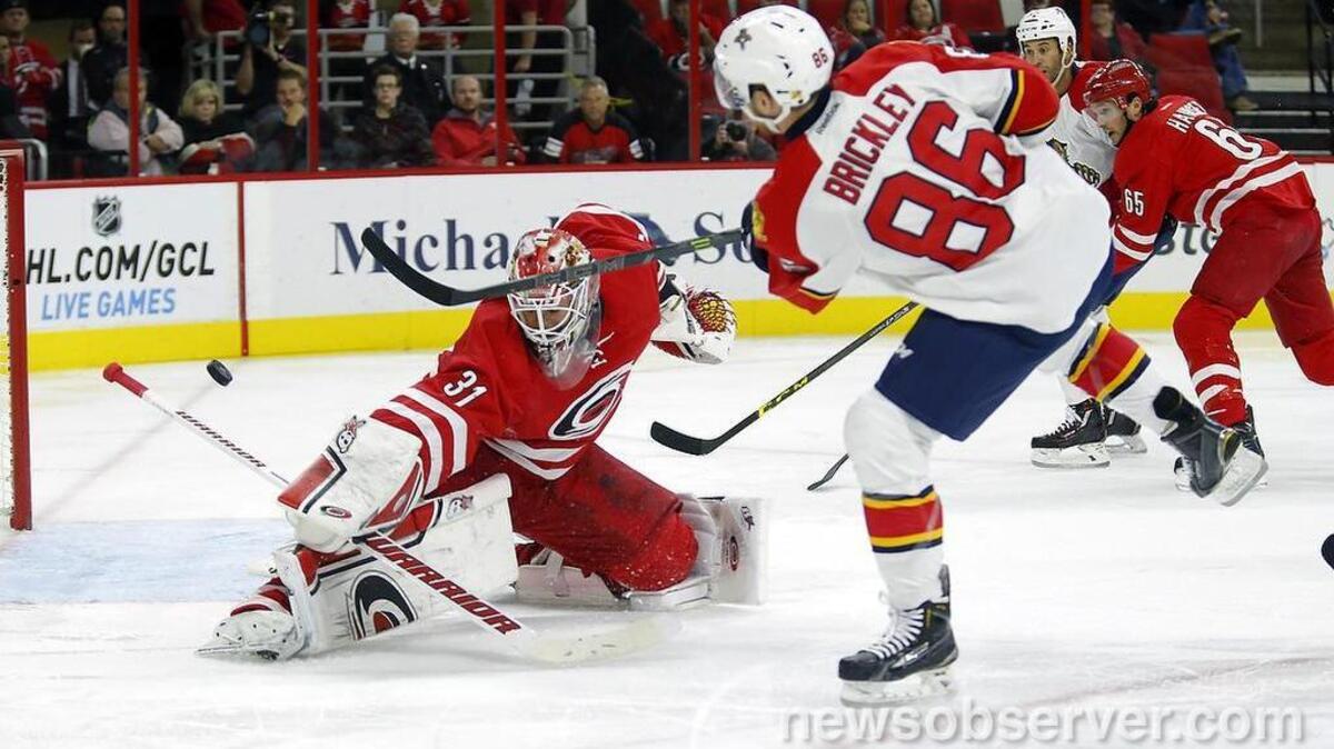 The Carolina Hurricanes' Eddie Lack (31) stops the Florida Panthers' Connor Brickley (86) during the second period.