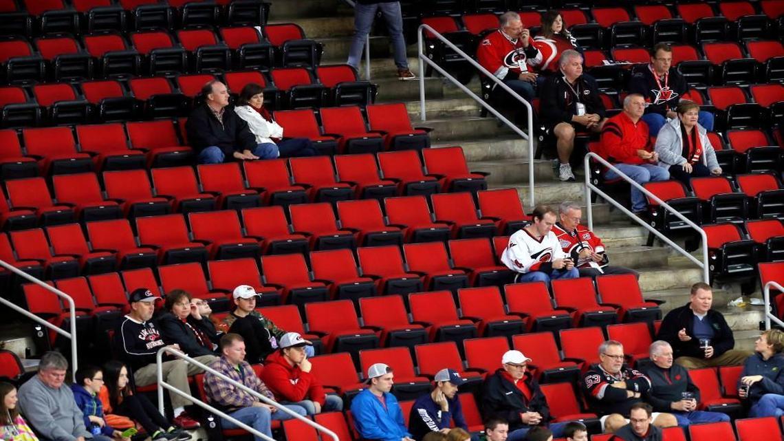 Some sections, like this one in the lower bowl in the Zamboni end, had sparse crowds during an NHL game played between the Carolina Hurricanes and the Ottawa Senators at PNC Arena in Raleigh, N.C. on Nov. 7, 2015.