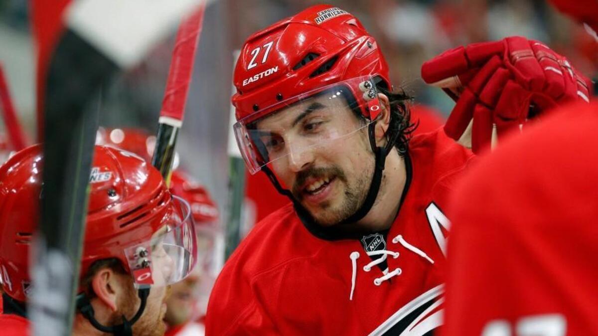 The Carolina Hurricanes’ Justin Faulk during a break in the second period of a game against the New Jersey Devils at PNC Arena on March 27.