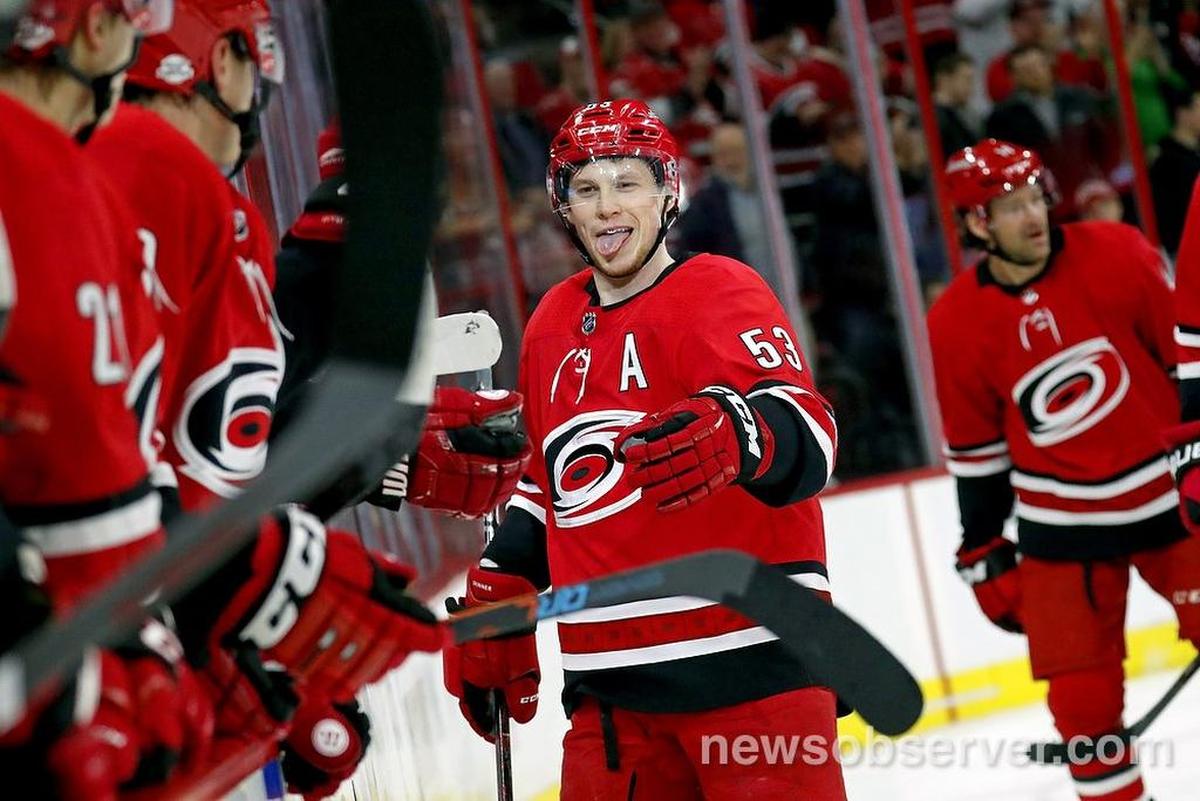 Former Carolina Hurricanes forward Jeff Skinner (53) celebrates a goal during 2018 game at PNC Arena.