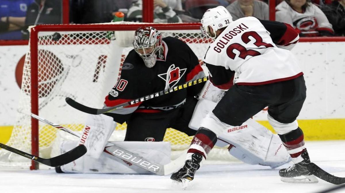 The Arizona Coyotes' Alex Goligoski (33) goes top shelf to score against the Canes Cam Ward (30) during the first period at PNC Arena.