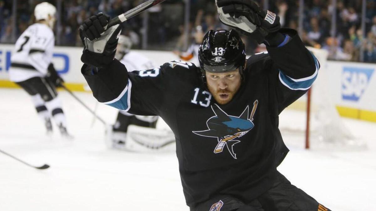 The San Jose Sharks' Raffi Torres (13) celebrates his goal to tie the Los Angeles Kings 2-2 in the second period of Game 2 of the NHL Western Conference quarterfinals at the SAP Center in San Jose, Calif., Sunday, April 20, 2014.